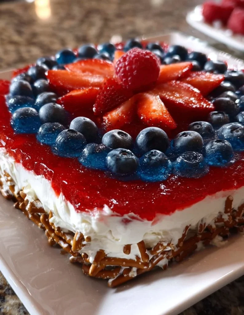 Red, White, and Blue Pretzel Salad with strawberries and blueberries