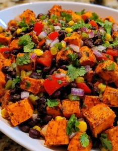 Delicious roasted sweet potato black bean salad in a bowl