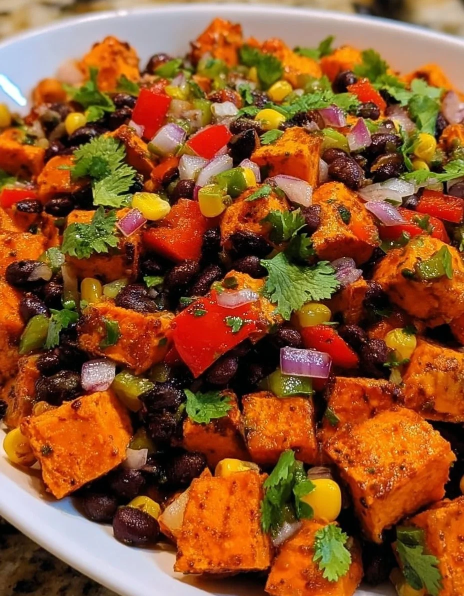 Delicious roasted sweet potato black bean salad in a bowl