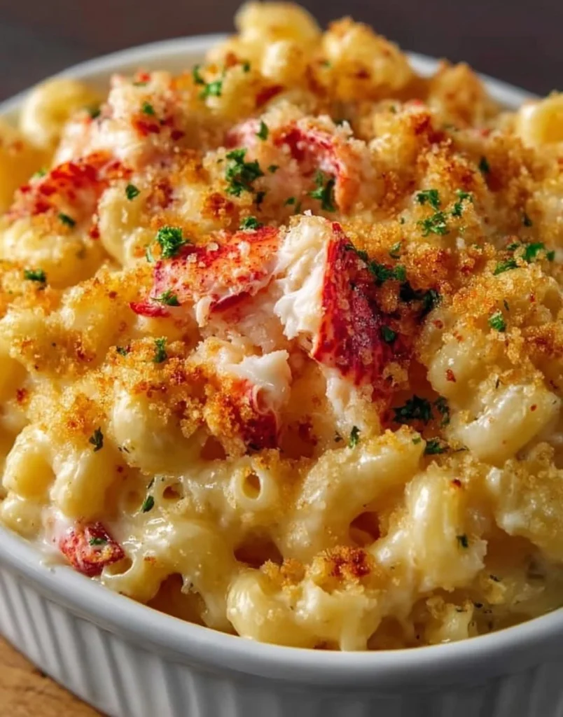 Creamy Lobster Mac and Cheese inspired by Ruth's Chris recipe.