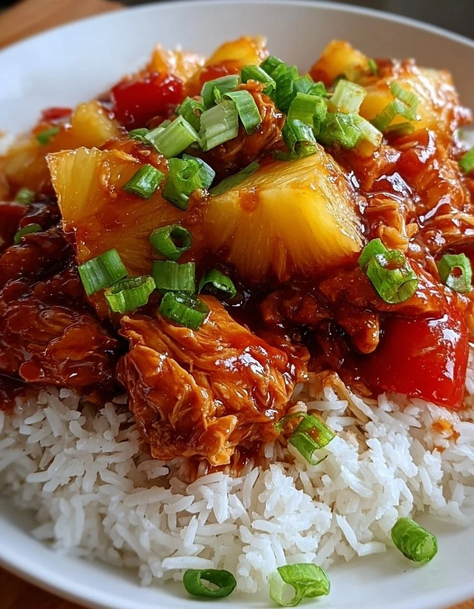Delicious slow cooked pineapple chicken served on a plate