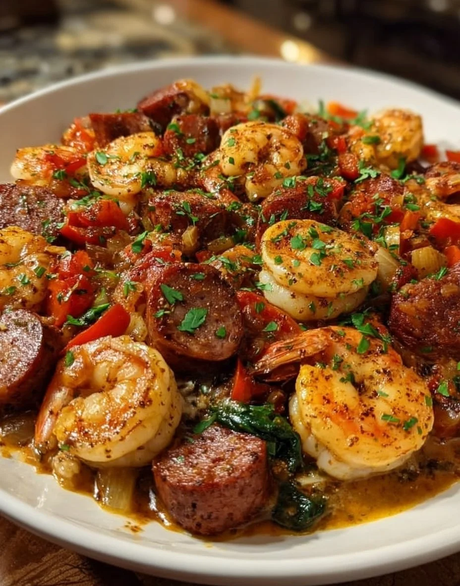 Smothered Shrimp and Beef Sausage Skillet served in a pan
