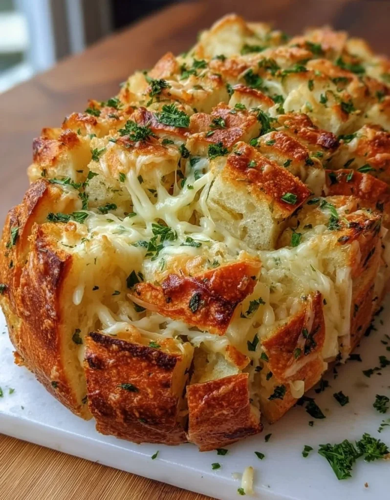 Sourdough Discard Pull-Apart Garlic Bread baked and ready to serve