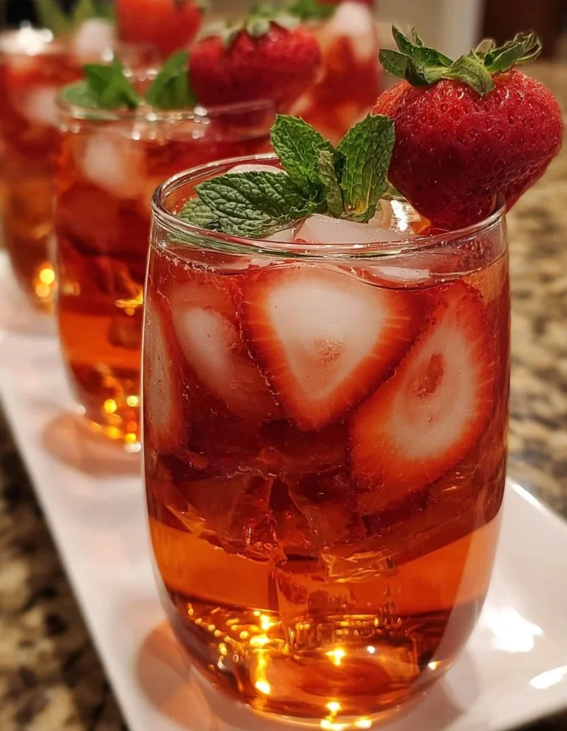 Glass of Southern strawberry sweet tea garnished with fresh strawberries and mint.