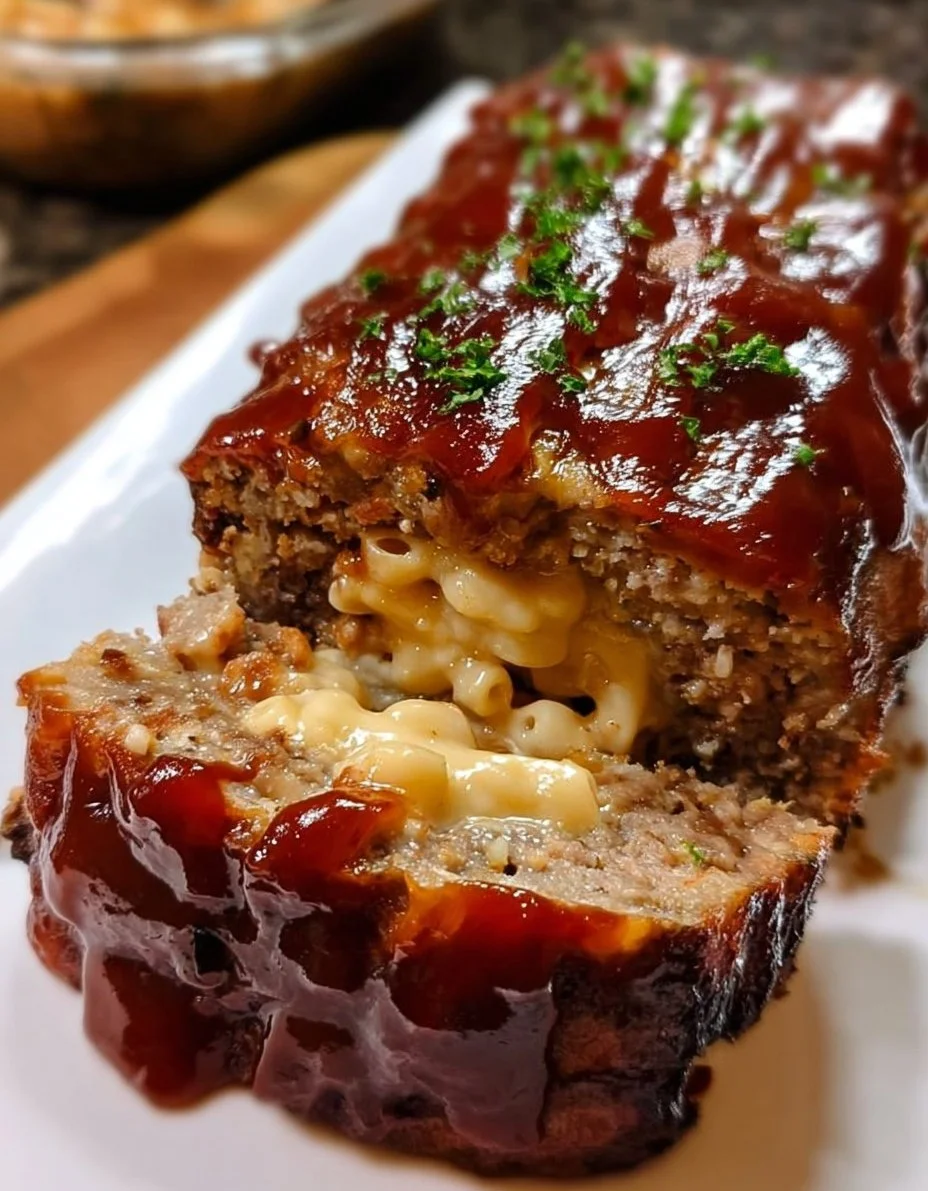 Sticky Maple BBQ Bacon Meatloaf stuffed with creamy mac and cheese on a plate