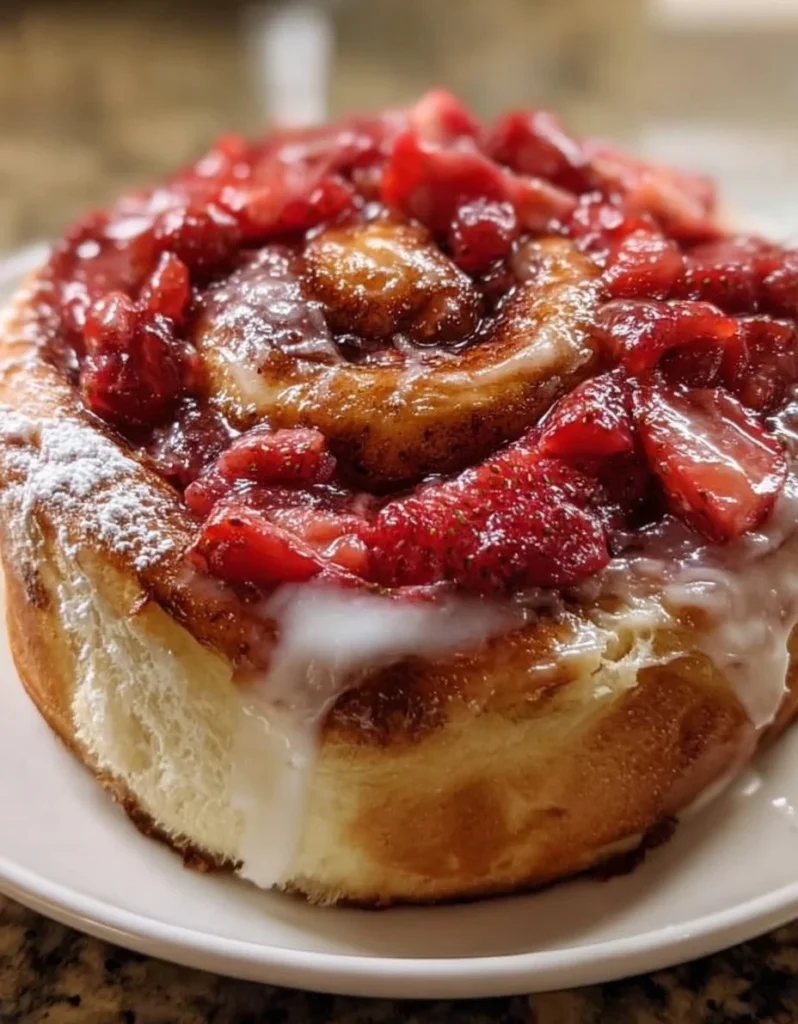 Freshly baked Strawberry Cinnamon Rolls with icing on top
