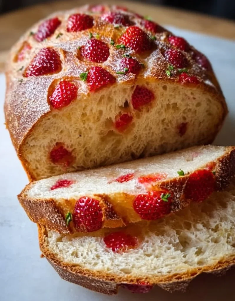 Freshly baked strawberry sourdough bread loaves showcasing vibrant strawberry chunks.