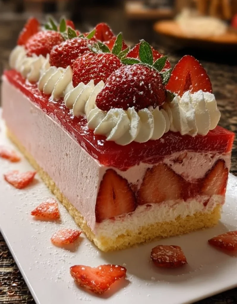 Strawberry Vanilla Cream Mousse Cake topped with fresh strawberries and whipped cream.