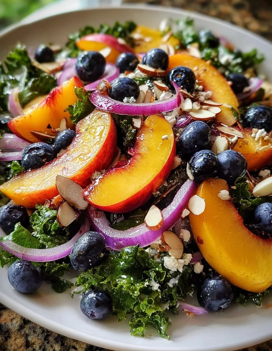 Vibrant Summer Peach Blueberry Kale Salad with fresh fruits and greens