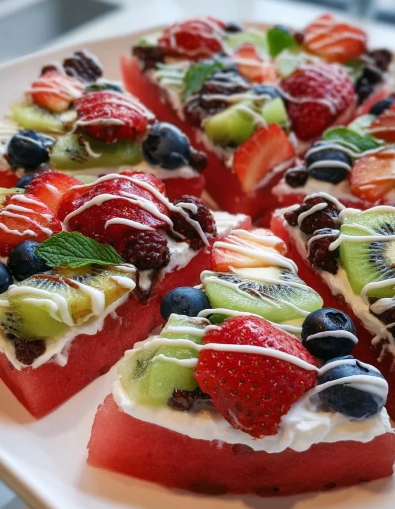 Delicious watermelon pizza topped with fruits and mint.