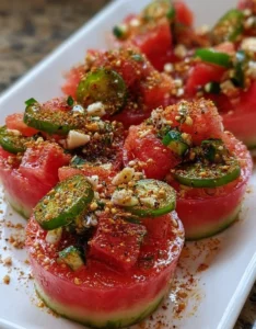 Watermelon Tajín Pickle Crunch Cups with vibrant colors and spicy seasoning.