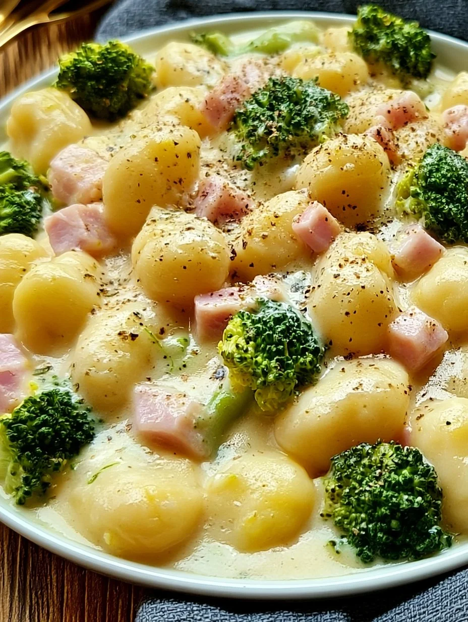Gnocchis au brocoli et au jambon dans une sauce fromage crémeuse