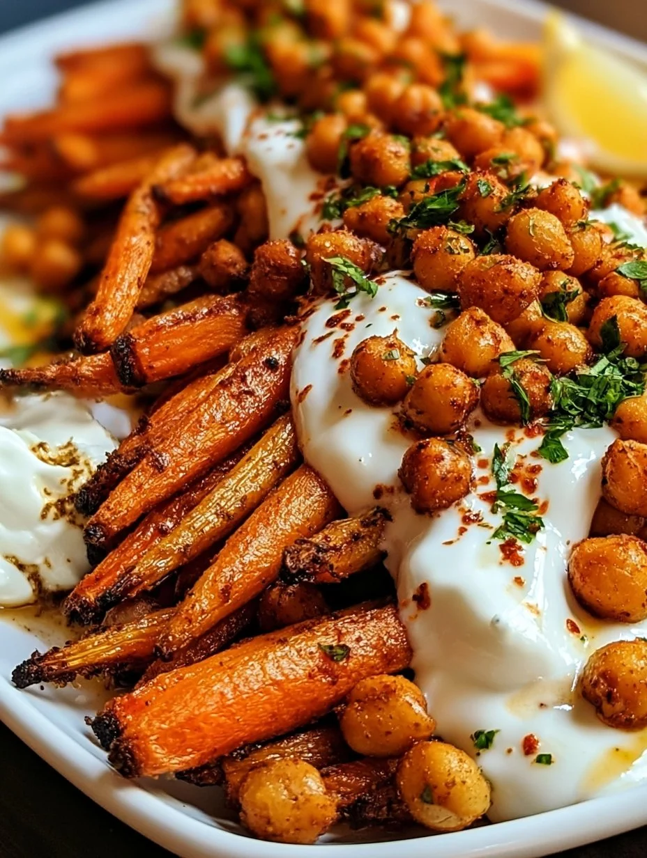 Würzige, geröstete Karotten mit Ahornsirup und knusprigen Kichererbsen
